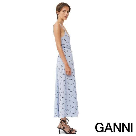GANNI **NWT** Printed Georgette Strap Wrap Brunnera Blue Floral Print Dress - Picture 3 of 11